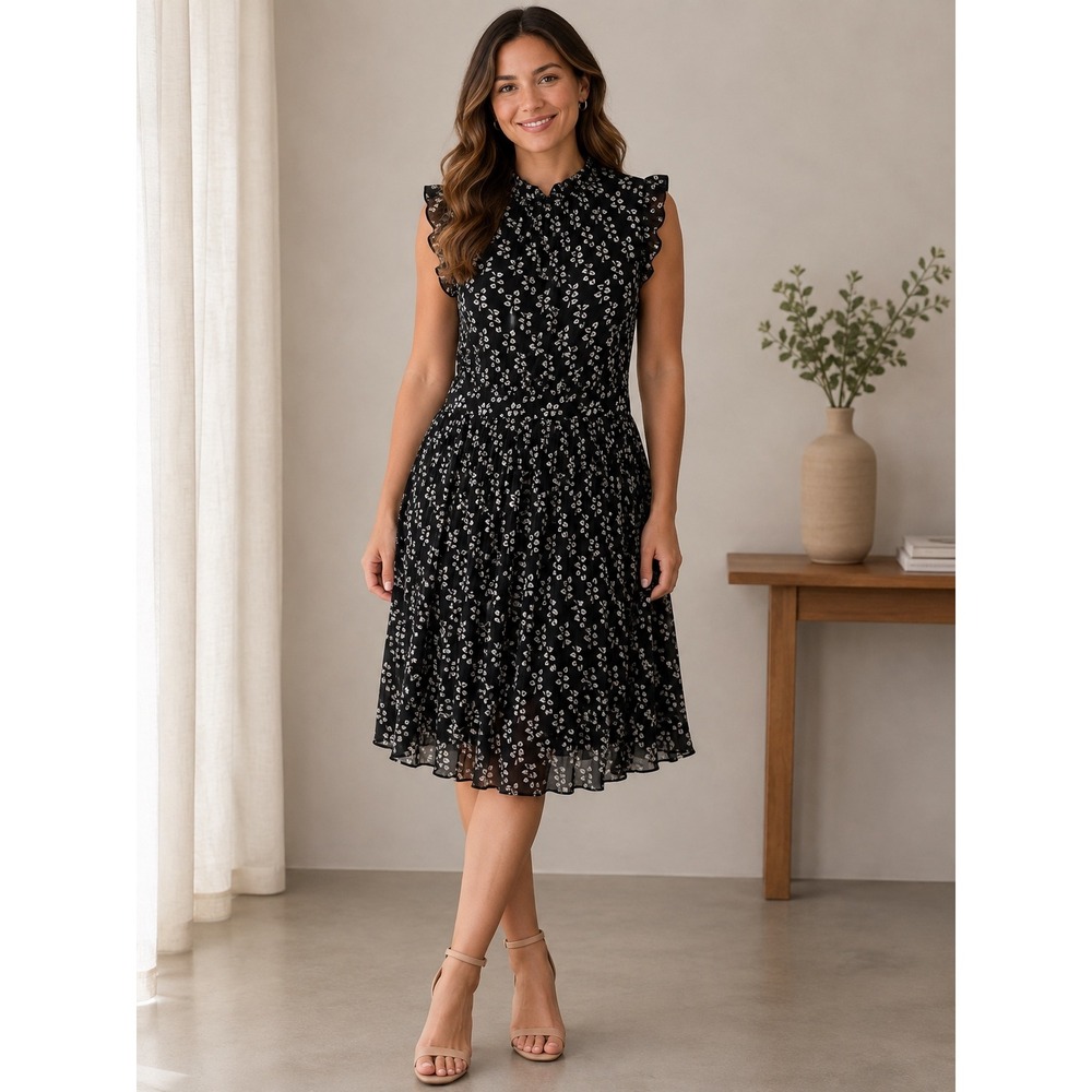 Ann Taylor Pleated Midi Dress Black‎ Floral Ruffle Sleeveless Office Women 4
